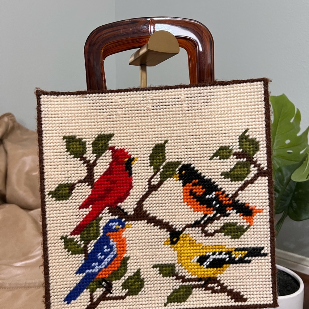 Vintage Needlepoint Embroidered Tote Bag with Bird Design